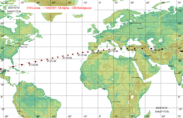 Пути покрытия Бетельгейзе астероидом (319) Леона на 12 декабря 2023 года (всемирное время (UT), карта создана с помощью свободного астрономического программного обеспечения SOLEX)