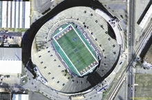 Overhead view of Liberty Bowl Memorial Stadium in Memphis. While few of the American stadiums to host Canadian football were ideal, the literal and figurative corners cut at the Liberty Bowl were particularly severe; the field was well short of regulation length. LibertyBowlMemorialStadiumUSGSsat.png