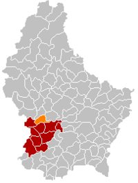 Map of Luxembourg with Septfontaines highlighted in orange, and the canton in dark red