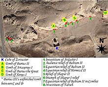 An aerial view of the site. "K" denotes the "Cube of Zoroaster." Letters (A,B,C,D) denote tombs of Darius II, Artaxerxes I, Darius the Great, and Xerxes I respectively. Numbers are Sassanid reliefs Map of Naqsh-e Rostam.jpg