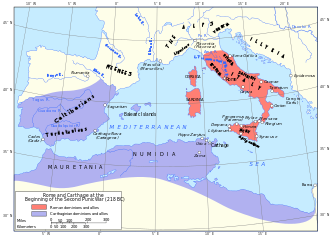 The Roman Republic in 218 BC after having managed the conquest of most of the Italian peninsula, on the eve of its most successful and deadliest war with the Carthaginians Map of Rome and Carthage at the start of the Second Punic War.svg