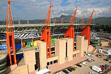 Aerial close up view of the roof support columns that resemble giraffe Mbombela Stadium giraffe roof supports.jpg