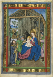 Adoration des Mages. Missel de Salzbourg, t. I (1478-1489). Bibliothèque d'État de Bavière, Munich, Clm 15708, fol. 62v.