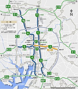 名古屋高速と周辺有料道路のルート図。青線が名古屋高速。東山線はオレンジの路線。