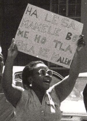 A Bosotho woman holding up a sign protesting v...