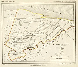 Het kerkdorp Buitendijks-Oosteinde op een kaart van de gemeente Uithuistermeeden uit 1867. Ook de "Groote Tja Riet", de Radsweg, Wortelpot en het Nijkerkje zijn aangegeven.