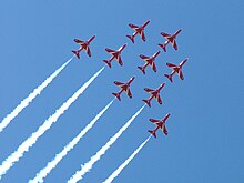The Red Arrows, based at RAF Waddington near Lincoln are a popular attraction at the Waddington Air Show Red Arrows 03.jpg