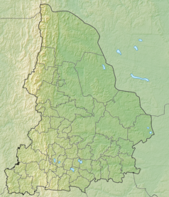 Mapa konturowa obwodu swierdłowskiego, u góry po lewej znajduje się punkt z opisem „Rezerwat przyrody „Dienieżkin Kamień””