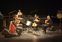 zleva: Liz Lim-Dutton (housle), Todd Reynolds (housle), Jeanne LeBlanc (violoncello), Scott Rawls (viola) a Russ Hartenberger (v pozadí)