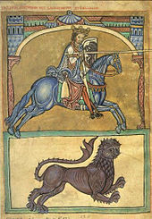 Romanesque miniature representing Alfonso IX, King of Leon. In the upper part appears his historic title Rex Legionensium et Gallecie, while the lower part shows the purple lion, symbol of the Leonese monarchy TumboA Alfonso.jpg