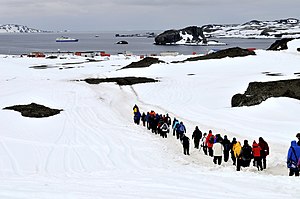 Blick von der Fildes-Halbinsel über die chilenische Frei-Station hinweg auf die Ardley Cove mit Diomedea Island (rechts der Mitte)