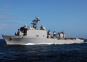 US Navy 071007-N-4014G-055 Dock landing ship USS Carter Hall (LSD 50) approaches Military Sealift Command fleet replenishment oiler USNS Tippecanoe (T-AO 199) for an underway replenishment.jpg