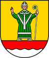 Wappen des Landkreises Cuxhaven: Der Hl. Nikolaus mit silbernem Krummstab, dessen Krümme in einer grünen vierblättrigen Rose endet[5]