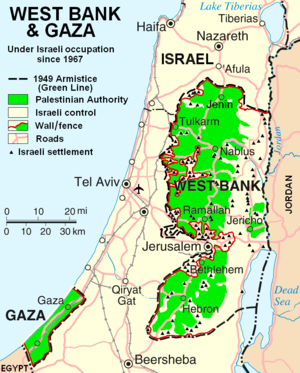 Palestiinalaishallinnon alueet ja Israelin siirtokunnat Länsirannalla ja Gazassa, 2007