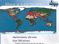 NSA:n Xkeyscore -esitelmästä peräisin oleva dia, josta näkyy Xkeyscoren palvelimien sijainnit maailmankartalla (2008)