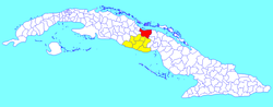 Yaguajay municipality (red) within Sancti Spíritus Province (yellow) and Cuba