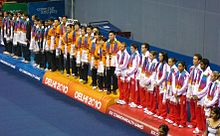 Medalists of the Badminton mixed team competition at the 2010 Commonwealth Games in Delhi. From left: India (silver), Malaysia (gold), and England (bronze). 2010 CWG Badminton Mixed team.JPG