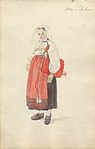Akvarell. Orsa i Dalarna Kvinna i dräkt, stående i helfigur . Ur Skissbok av A. J.G. Virgin - Nordiska museet - NMA.0063837