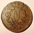 Vorderseite derselben Münze aus Antwerpen (Anvers) von 1814 mit N für Napoleon