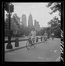 Women cycling in Central Park in New York City, September 1942. Many Americans during World War 2 would end up bicycling instead of driving. Bicycling in Central Park on Sunday 8d22282v.jpg