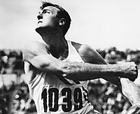 Bob Mathias became the star of the 1948 London games by winning the decathlon event at the age of 17. He would go on to repeat this feat at the 1952 Olympics in Helsinki, setting a new world record. Bob Mathias 1952.jpg