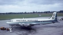 British Midland Airways Canadair C-4 Argonaut G-ALHG, which crashed at Stockport on 4 June 1967. British Midland Canadair C4 G-ALHG.jpg