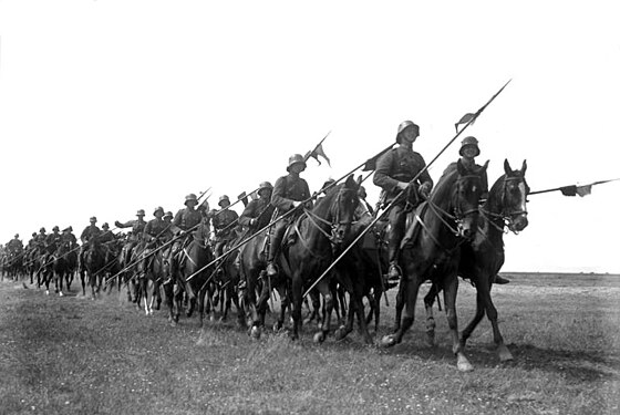 Reichswehr cavalry marching on horseback, while carrying lances, 1932