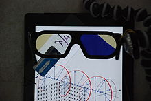 Circularly polarized 3D glasses in front of an LCD (Liquid Crystal Display) tablet with a quarter-wave retarder on top of it; the l/4 plate at 45deg produces a definite handedness, which is transmitted by the left filter but blocked by the right filter. Circular polarization demonstrated with stereo glasses and iPad.JPG