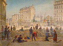 Watercolour by Jean-Baptiste Arnaud-Durbec depicting the construction of a barricade on the Place Blanche on 19 March 1871. In the foreground, we can see people, including a man dressed in a red top, bent over and armed with a pickaxe to unseal the cobblestones placed further away by his comrades. Two children are lying just behind the barricade of paving stones, and on the lower right-hand side of the painting in the foreground a woman can be seen holding an object out to a kneeling man, a broom lying on the ground behind her. On the left, a man sitting on a straw mattress seems to be breaking bread, a woman and a dog sitting next to him. Three men are talking on the right-hand side of the painting, and the other figures in the background are placing the cobblestones to raise the barricade. Beyond the barricade in the shade is the sunny square with buildings. The watercolour is in the Carnavalet Museum in Paris.