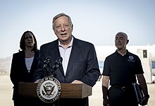 Durbin speaks at a press conference in El Paso, TX with U.S. Homeland Security Secretary Alejandro Mayorkas, along with Vice President Kamala Harris and Representative Veronica Escobar. DHS Secretary Alejandro Mayorkas and Vice President Harris Hold a Press Conference.jpg