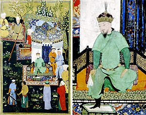 Depiction of Timur granting audience on the occasion of his accession, in the near-contemporary Zafarnama (1424-1428), 1467 edition Depiction of Timur granting audience on the occasion of his accession, in the near contemporary Zafarnama (1424-1428), 1467 edition.jpg
