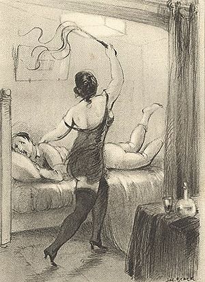 English: A woman flogging a submissive man on ...