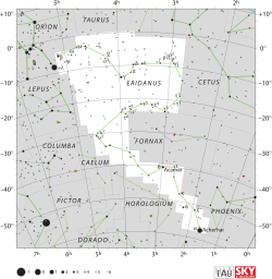 Diagram showing star positions and boundaries of the Eridanus constellation and its surroundings. Epsilon Eridani is circled.