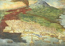 Fresco (preserved in the Catania Cathedral) depicting the large eruption of Etna of 1669, in which the lava flow that reaches Catania is clearly visible Etna eruzione 1669 platania.jpg