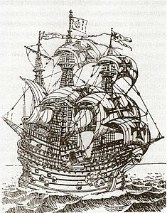 An carrac (nau) Frol de la Mar (a láinseáladh in 1501 or 1502), in "Roteiro de Malaca" ón 16ú haois.