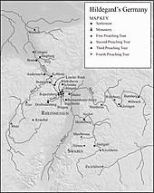 Hildegard of Bingen conducted a number of preaching tours throughout Germany. Hildegard map.jpg