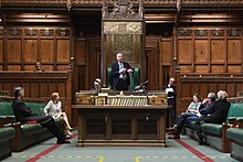 A rehearsal for hybrid remote and in-person procedures in the UK's House of Commons to reduce the spread of COVID-19 among parliamentarians in April 2020 Hybrid Commons Chamber Rehearsal (E).jpg