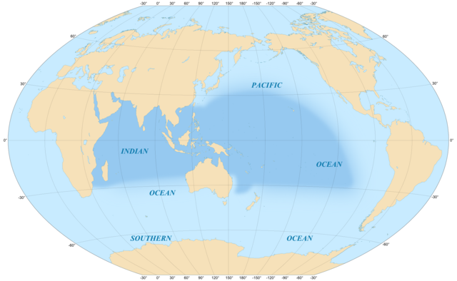 A região do Indo-Pacífico (no mapa) é o habitat da espécie L. lambis, desde a África Oriental até a Polinésia.