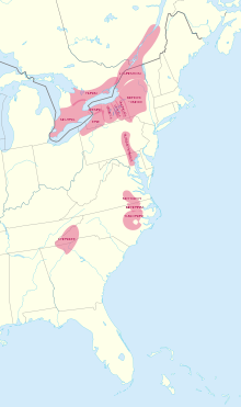 Labeled map showing pre-contact distribution of the Iroquoian languages Iroquoian map close up.svg