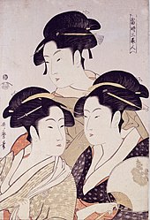 Three Beauties of the Present Day, by Utamaro, c. 1793 Kitagawa Utamaro - Toji san bijin (Three Beauties of the Present Day)From Bijin-ga (Pictures of Beautiful Women), published by Tsutaya Juzaburo - Google Art Project.jpg