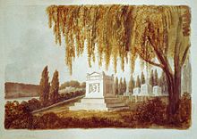 An 1812 architectural drawing of Vice President George Clinton's monument; Clinton was later reinterred in Kingston, New York. The monuments to the right are in the form of the Latrobe cenotaphs. Latrobe Clinton LOC cropped.jpg