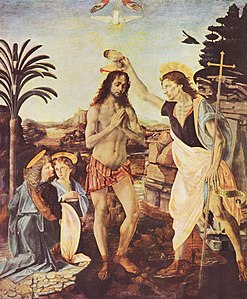 Le Baptême du Christ avec une coquille à la forte symbolique, par Verrocchio.