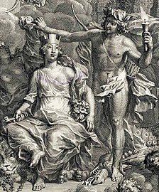 Apollon et la Terre-Mère par Jan Wandelaar. Frontispice du Hortus Cliffortianus de Linné (détail).