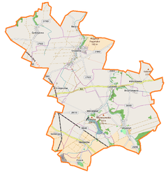 Mapa konturowa gminy Mściwojów, na dole nieco na lewo znajduje się punkt z opisem „Siekierzyce”