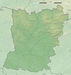 Mapa konturowa Mayenne, blisko centrum na dole znajduje się punkt z opisem „Laval”
