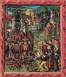 Jews (identified by the mandatory Jewish badge and Jewish hat) being burned. Medieval manuscript-Jews identified by rouelle are being burned at stake.jpg