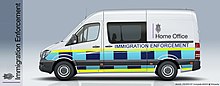 A marked Immigration Compliance Enforcement Mercedes cell van. These are used to transport officers and prisoners to/from locations in the UK Mercedes Cell Van Image.jpg