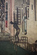 Détail du tableau de Gentile Bellini Miracle de la relique de la Croix au pont San Lorenzo (1500) montrant un homme noir s'apprêtant à plonger dans un canal vénitien pour y récupérer la relique qui y est tombée. Cela reflète une réalité de l'époque : l'importance des nageurs et plongeurs africains pour une Europe sachant peu ou mal nager.