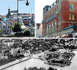 Uppe vänster: Vy mot Skeppsbron. Uppe höger: Handelsbankens byggnad på Lilla torget. Nedre: Hamnområdet på 1930-talet.