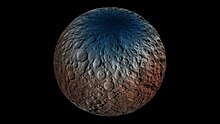 a polar image of Ceres showing dark blue across the northern hemisphere